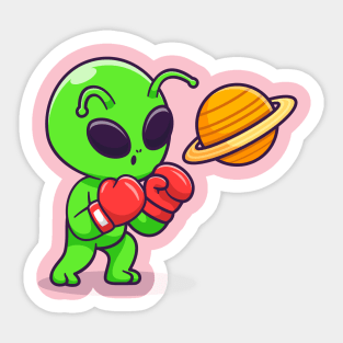 Cute Alien Boxing Planet Cartoon Sticker